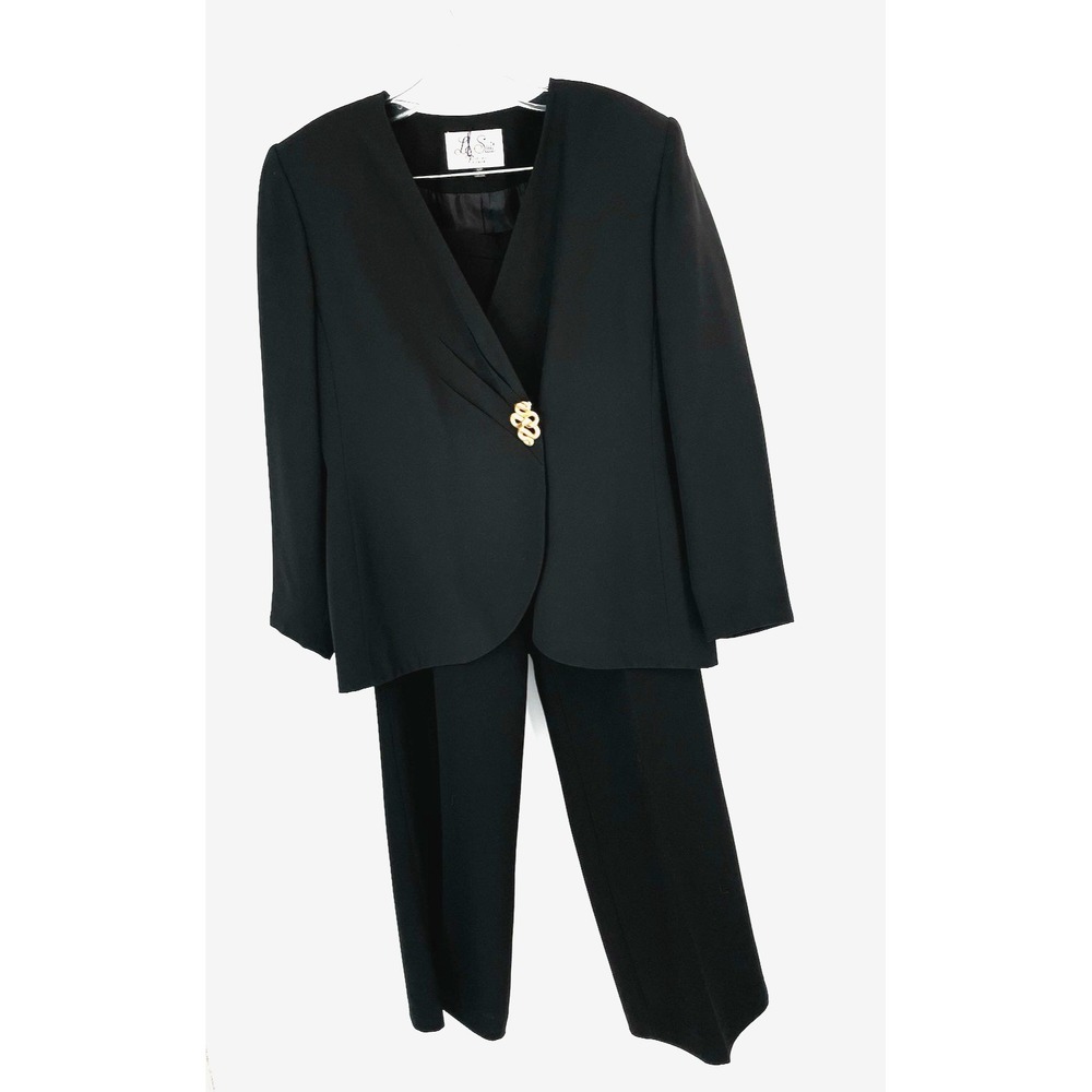 Le Suit Womens Size 10P Two Piece Pant Suit Black Gold Tone Pin Wide Leg Classic